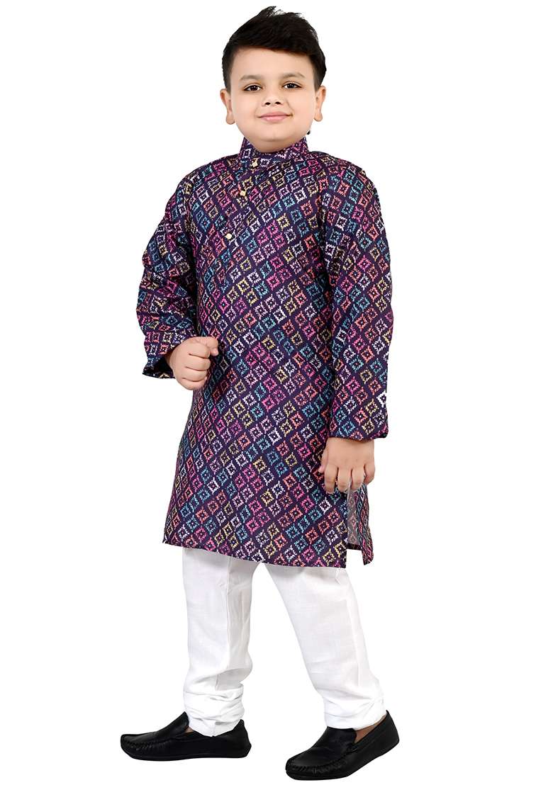 Purple Printed Cotton Kurta Set For Boys - Indya