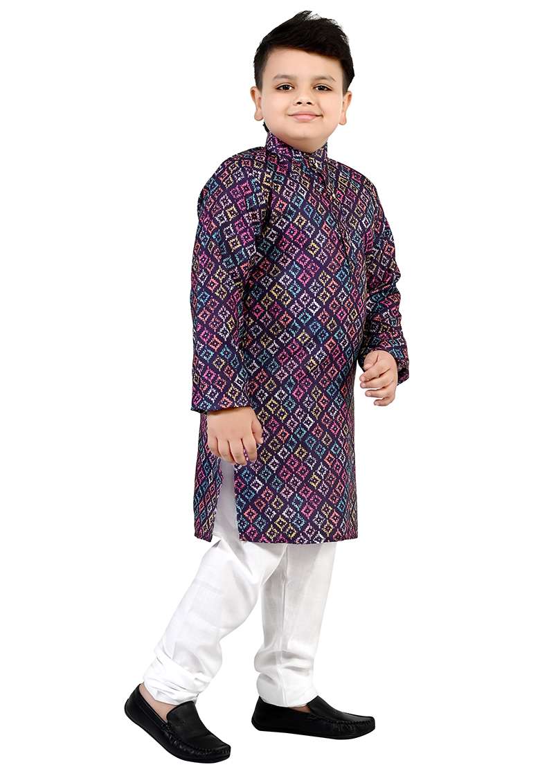 Purple Printed Cotton Kurta Set For Boys - Indya