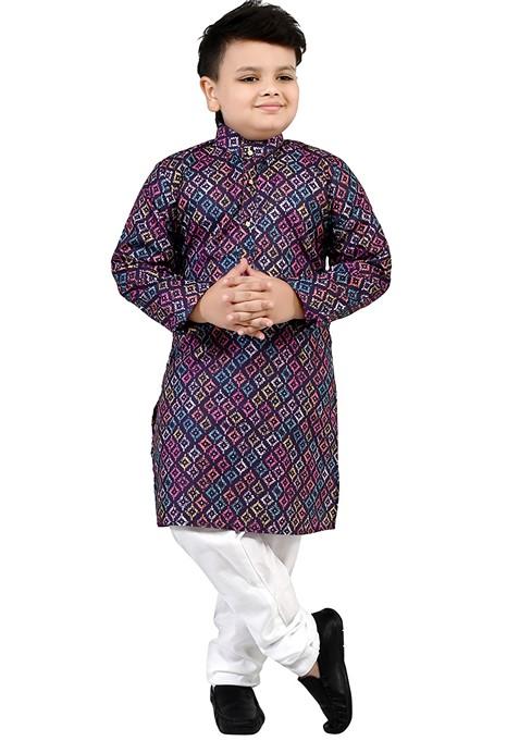 Purple Printed Cotton Kurta Set For Boys