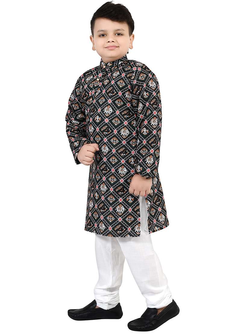 Green Printed Cotton Kurta Set For Boys - Indya