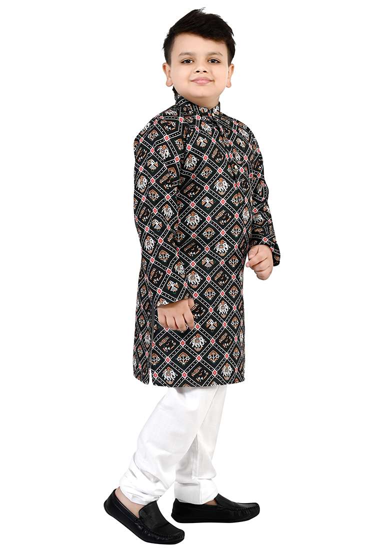 Green Printed Cotton Kurta Set For Boys - Indya