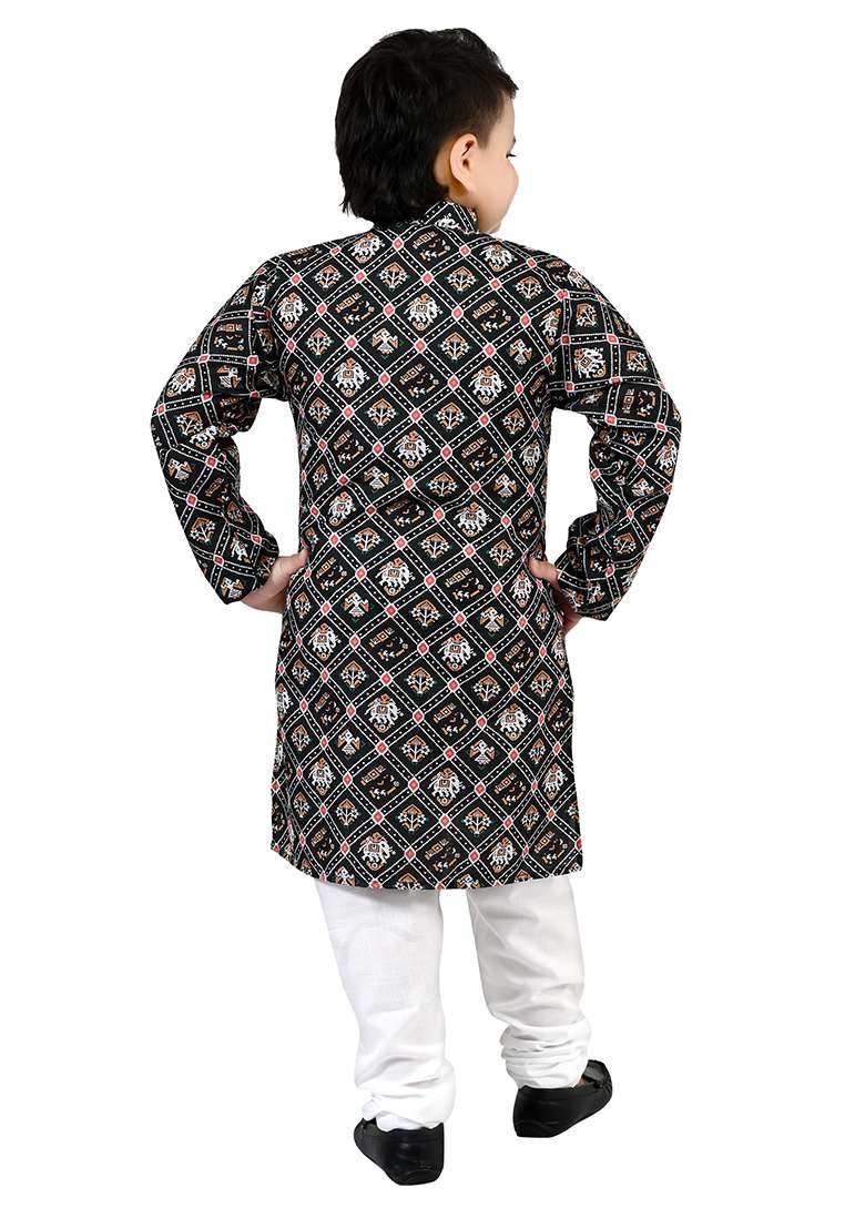 Green Printed Cotton Kurta Set For Boys - Indya
