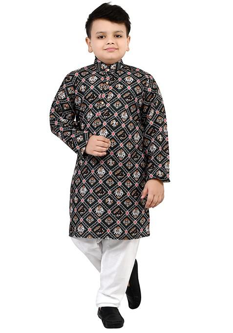 Green Printed Cotton Kurta Set For Boys