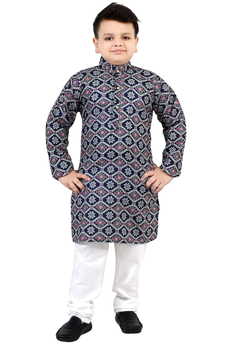 Blue Printed Cotton Kurta Set For Boys - Indya
