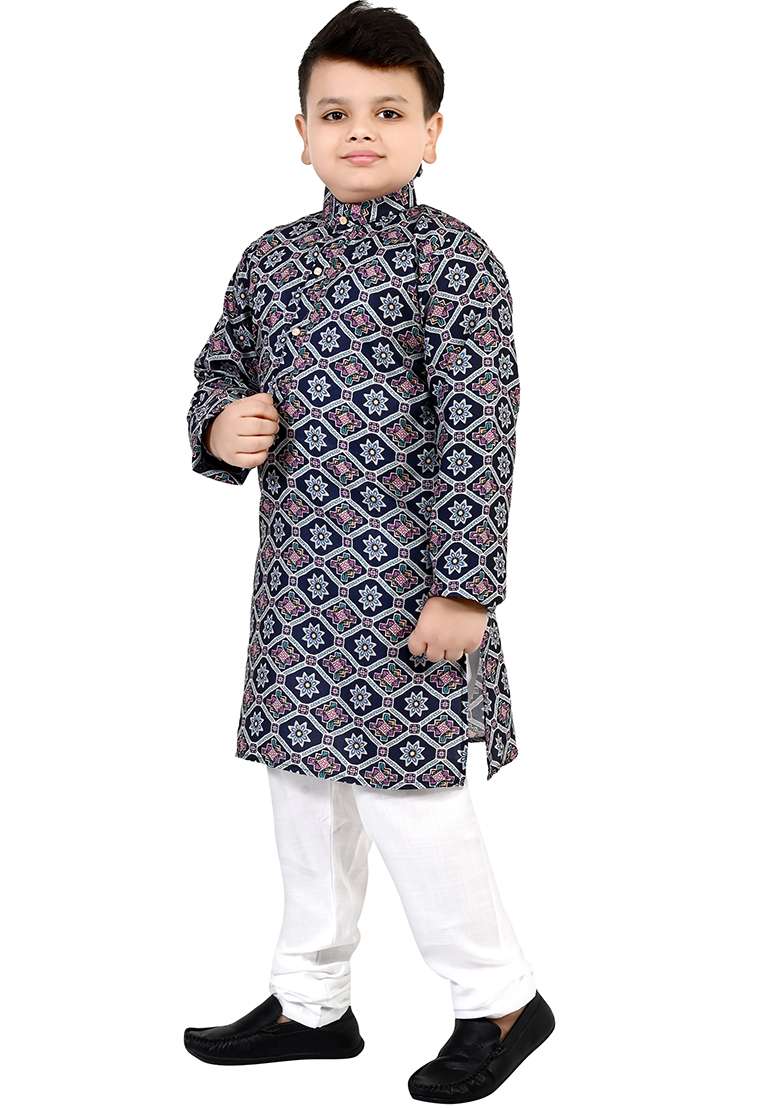Blue Printed Cotton Kurta Set For Boys - Indya