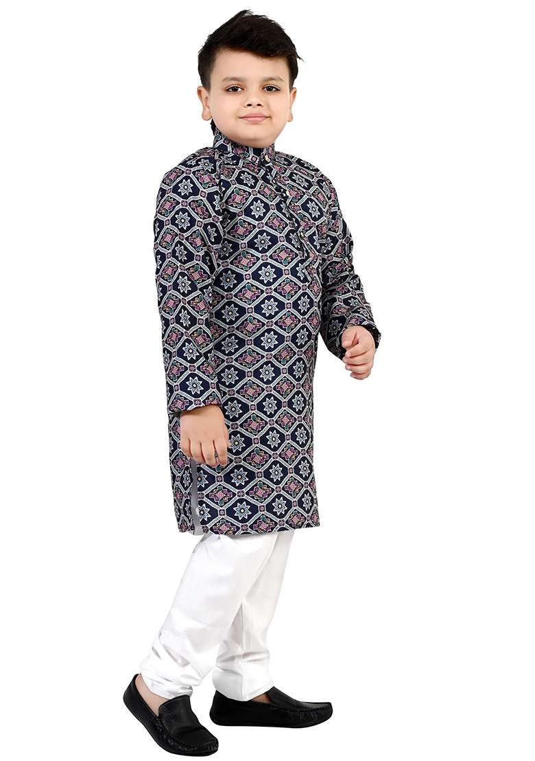 Blue Printed Cotton Kurta Set For Boys - Indya
