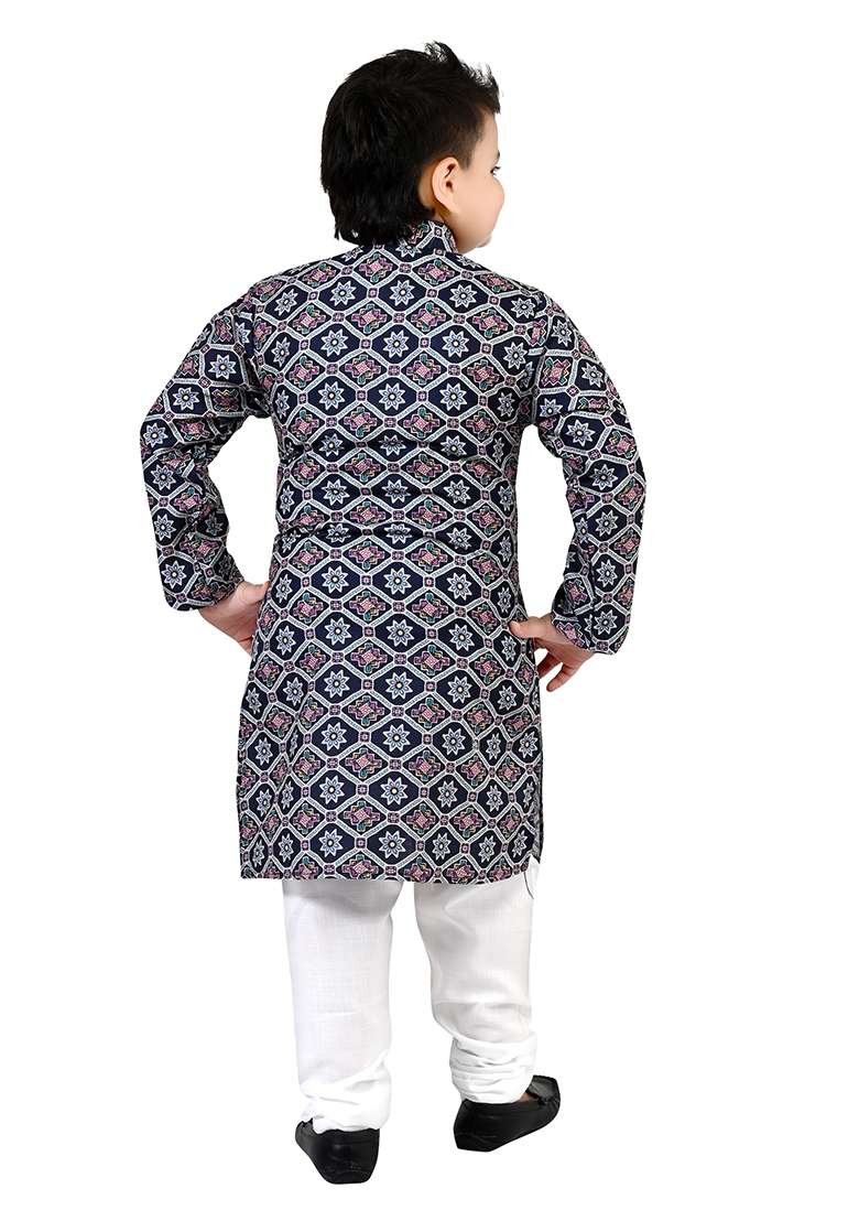 Blue Printed Cotton Kurta Set For Boys - Indya