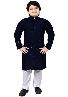 Blue Embroidered Cotton Kurta Set For Boys