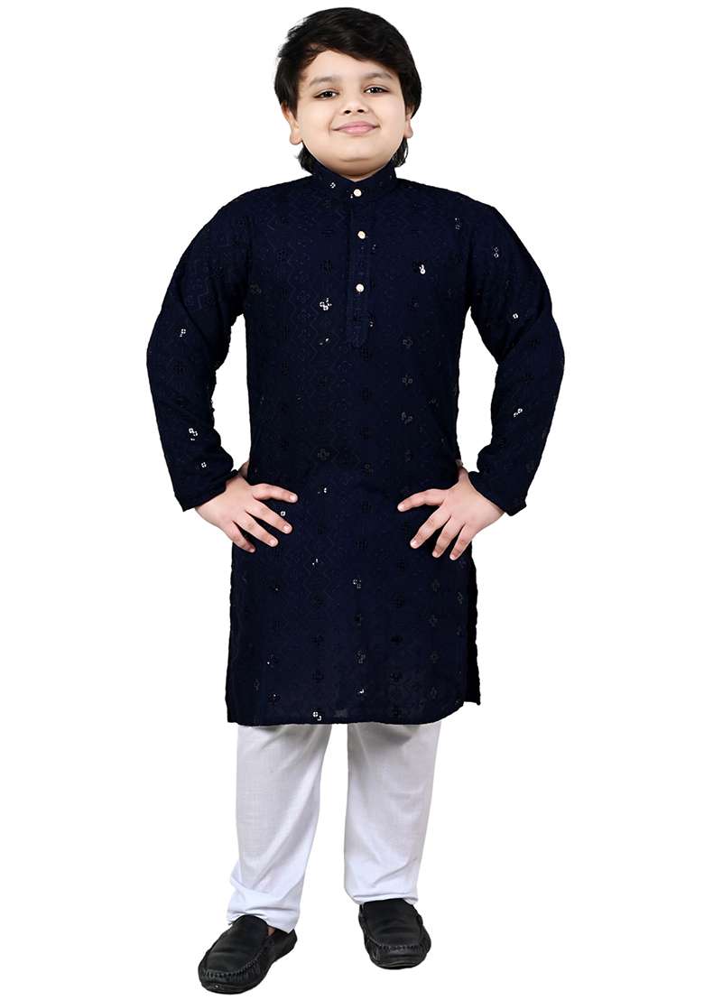 Blue Embroidered Cotton Kurta Set For Boys - Indya