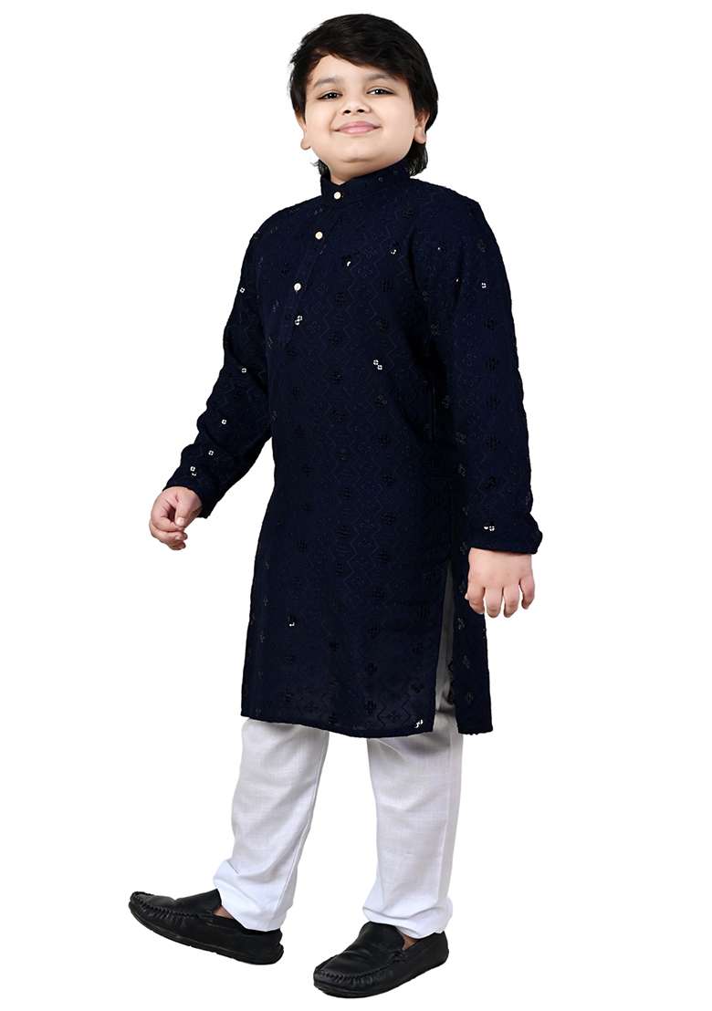 Blue Embroidered Cotton Kurta Set For Boys - Indya