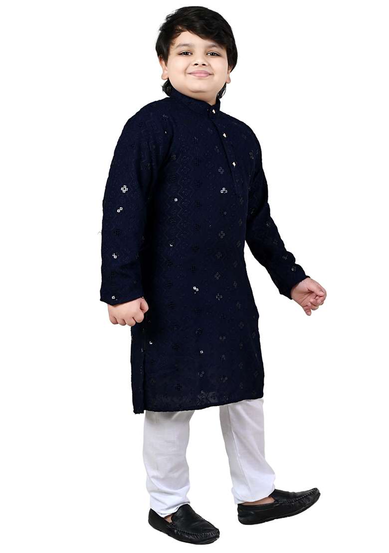 Blue Embroidered Cotton Kurta Set For Boys - Indya