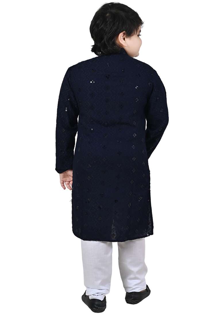 Blue Embroidered Cotton Kurta Set For Boys - Indya