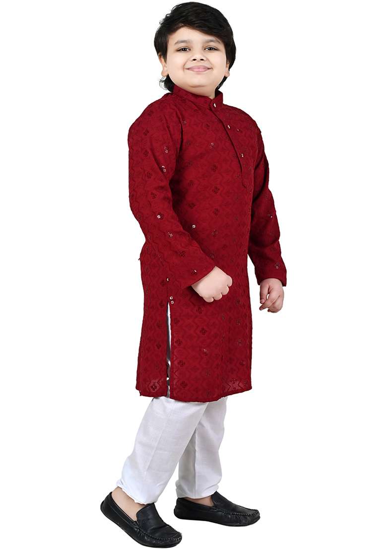 Red Embroidered Cotton Kurta Set For Boys - Indya