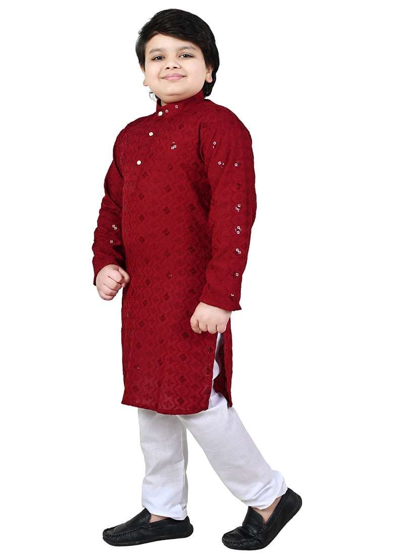 Red Embroidered Cotton Kurta Set For Boys - Indya