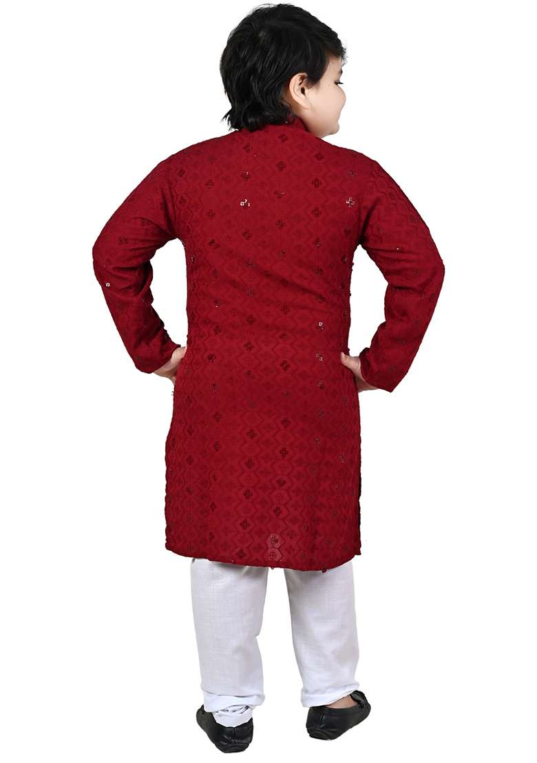 Red Embroidered Cotton Kurta Set For Boys - Indya