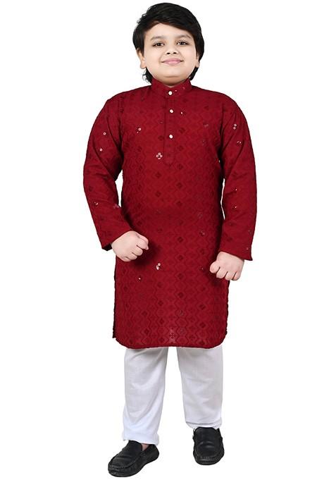 Red Embroidered Cotton Kurta Set For Boys