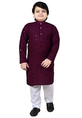 Wine Embroidered Cotton Kurta Set For Boys