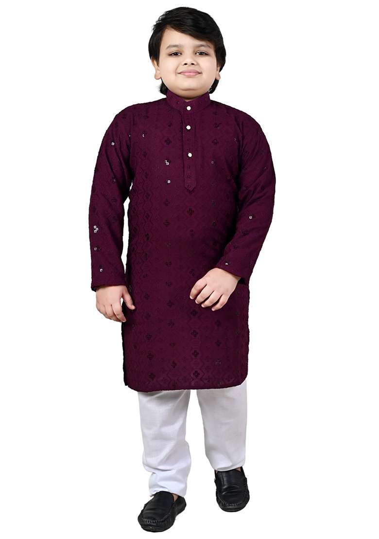 Wine Embroidered Cotton Kurta Set For Boys - Indya