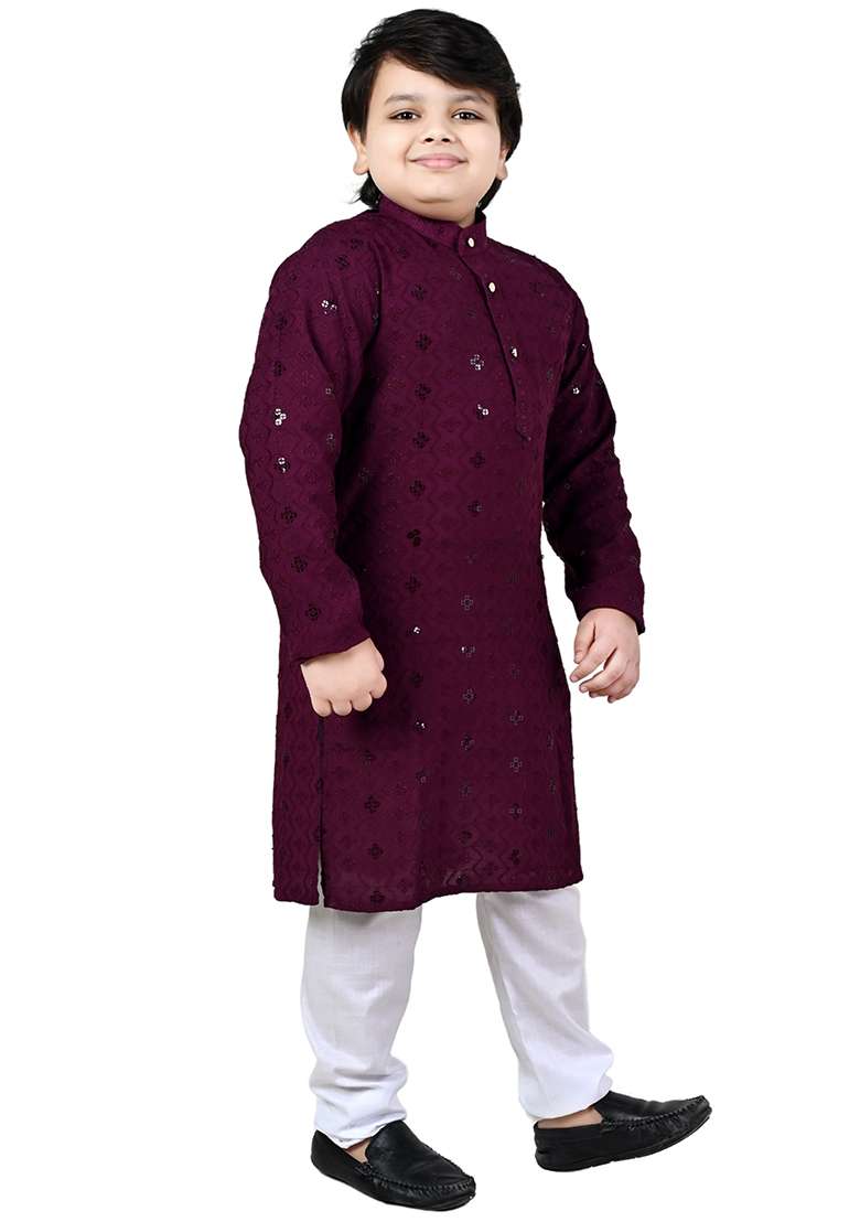 Wine Embroidered Cotton Kurta Set For Boys - Indya