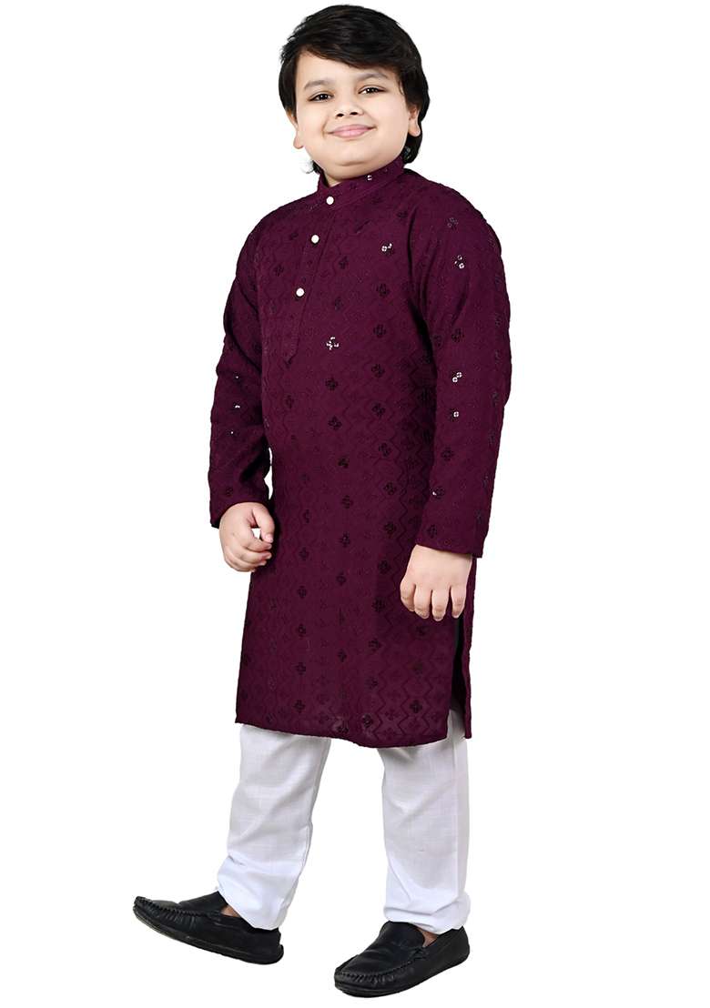Wine Embroidered Cotton Kurta Set For Boys - Indya