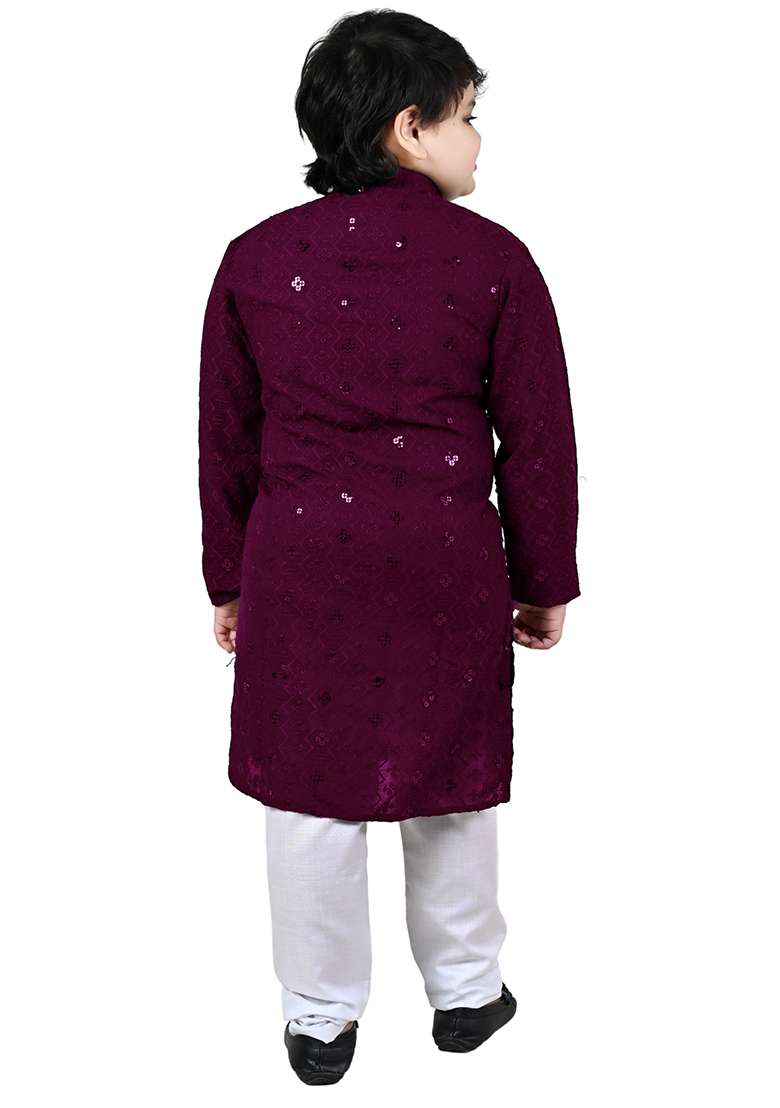 Wine Embroidered Cotton Kurta Set For Boys - Indya