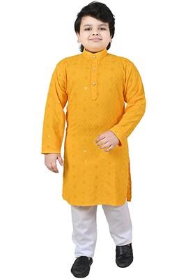 Yellow Embroidered Cotton Kurta Set For Boys