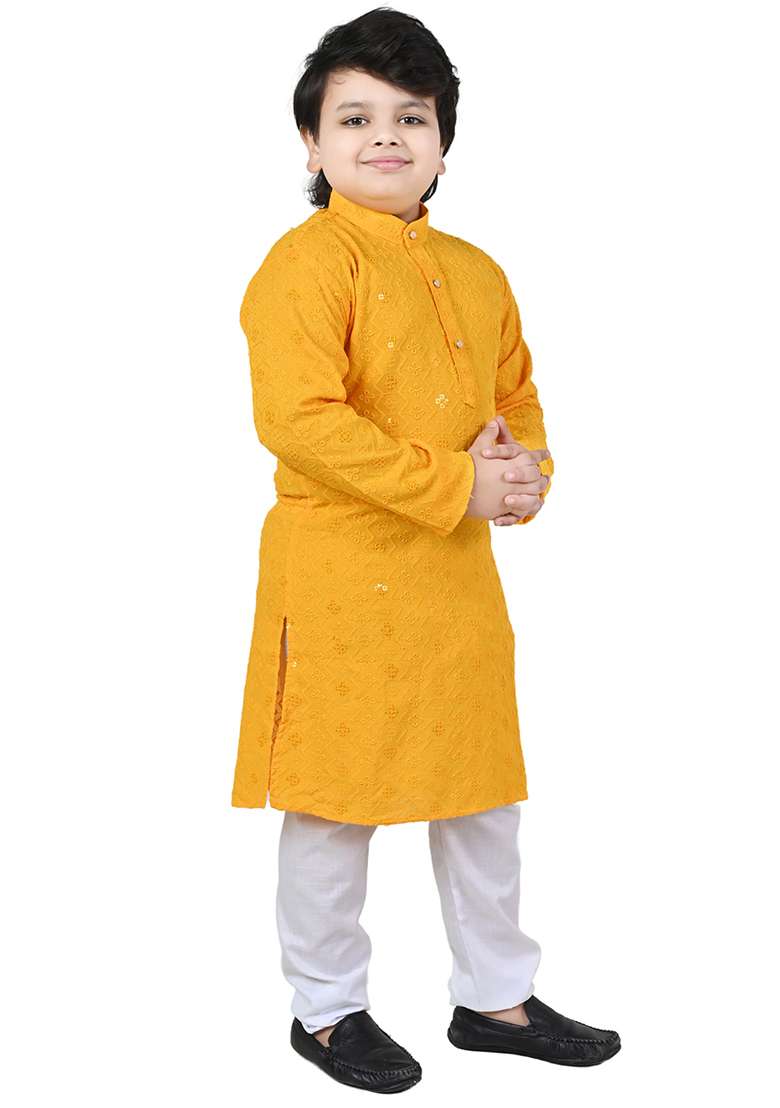 Yellow Embroidered Cotton Kurta Set For Boys - Indya