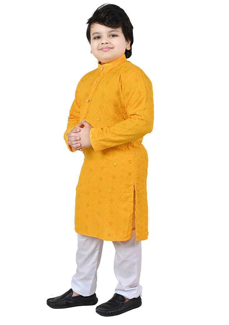 Yellow Embroidered Cotton Kurta Set For Boys - Indya
