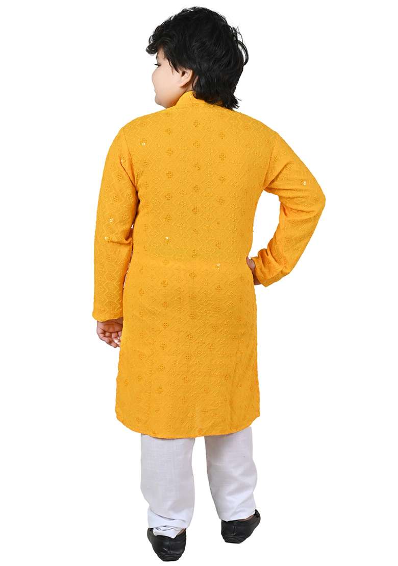 Yellow Embroidered Cotton Kurta Set For Boys - Indya