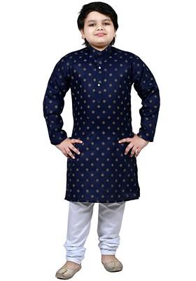 Blue Printed Cotton Kurta Set For Boys