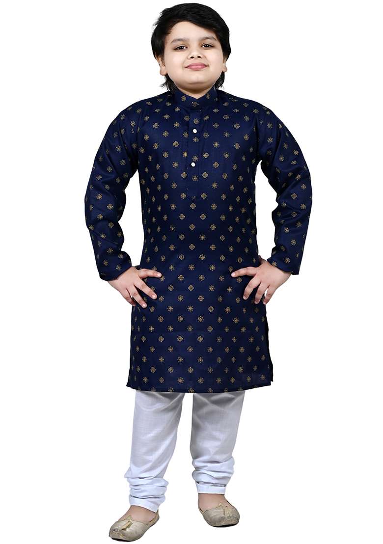 Blue Printed Cotton Kurta Set For Boys - Indya