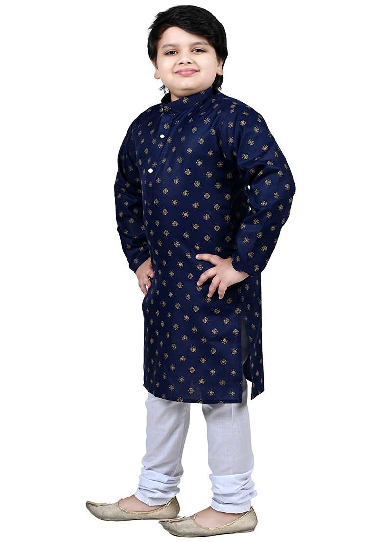 Blue Printed Cotton Kurta Set For Boys - Indya