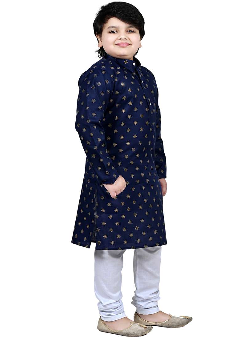 Blue Printed Cotton Kurta Set For Boys - Indya