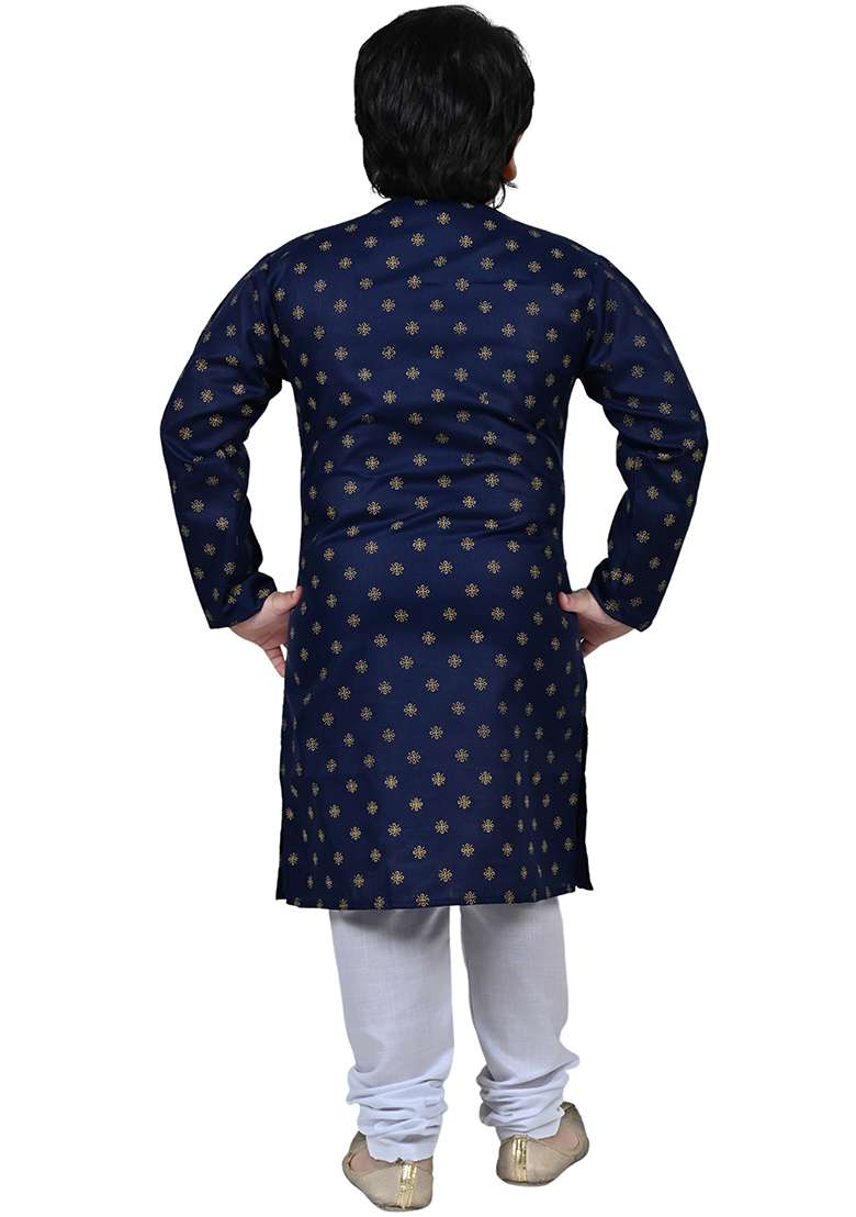 Blue Printed Cotton Kurta Set For Boys - Indya