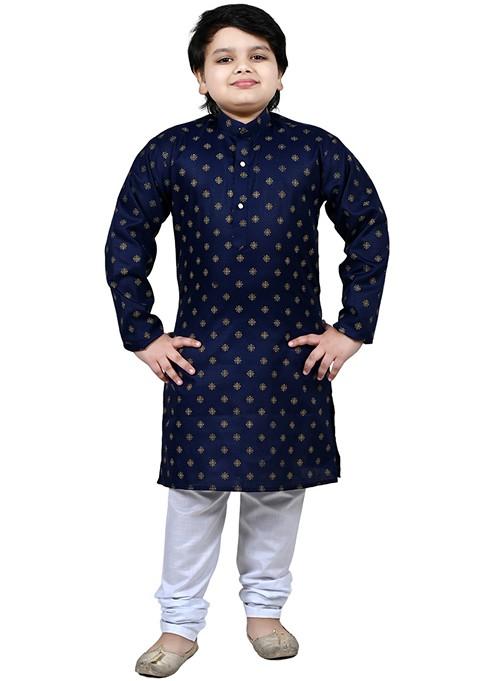 Blue Printed Cotton Kurta Set For Boys