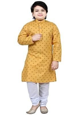Yellow Printed Cotton Kurta Set For Boys