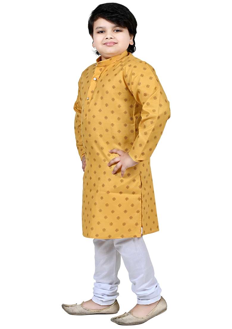 Yellow Printed Cotton Kurta Set For Boys - Indya