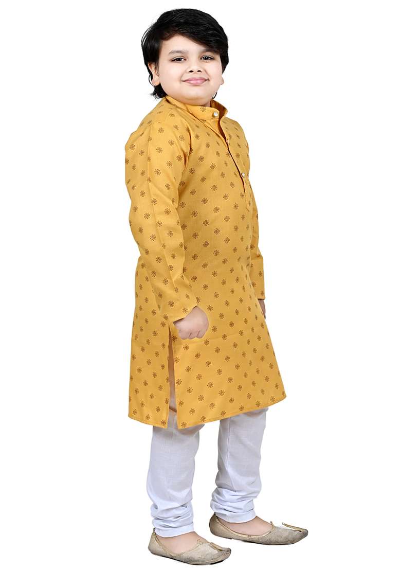Yellow Printed Cotton Kurta Set For Boys - Indya