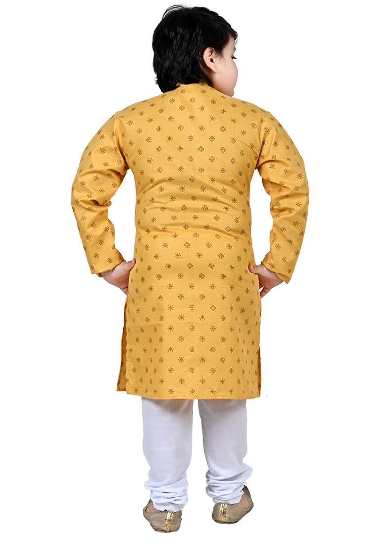 Yellow Printed Cotton Kurta Set For Boys - Indya