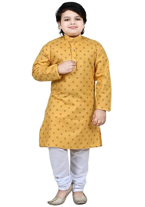 Yellow Printed Cotton Kurta Set For Boys