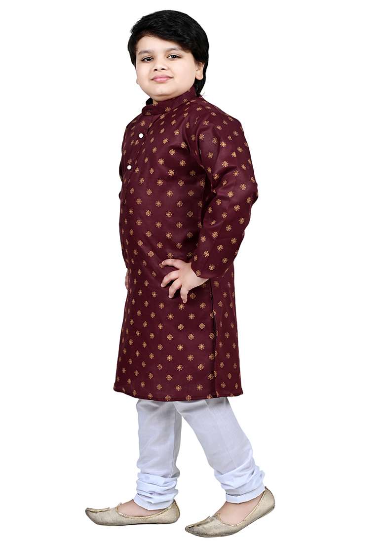 Maroon Printed Cotton Kurta Set For Boys - Indya