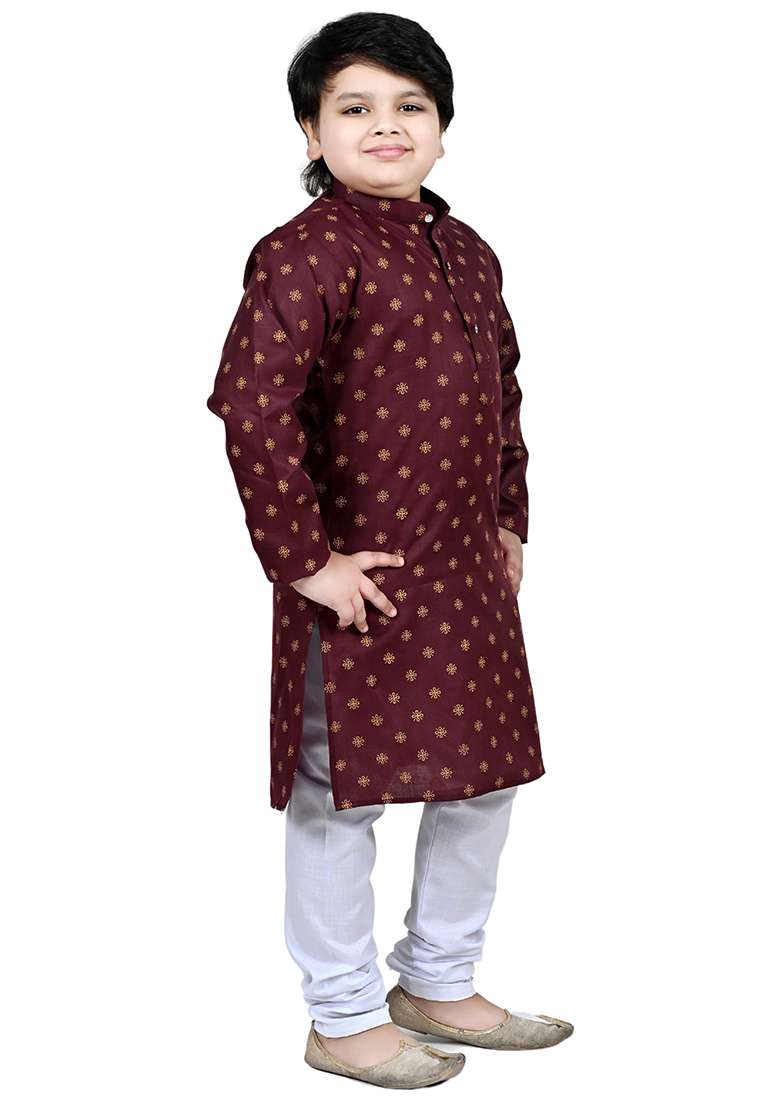 Maroon Printed Cotton Kurta Set For Boys - Indya
