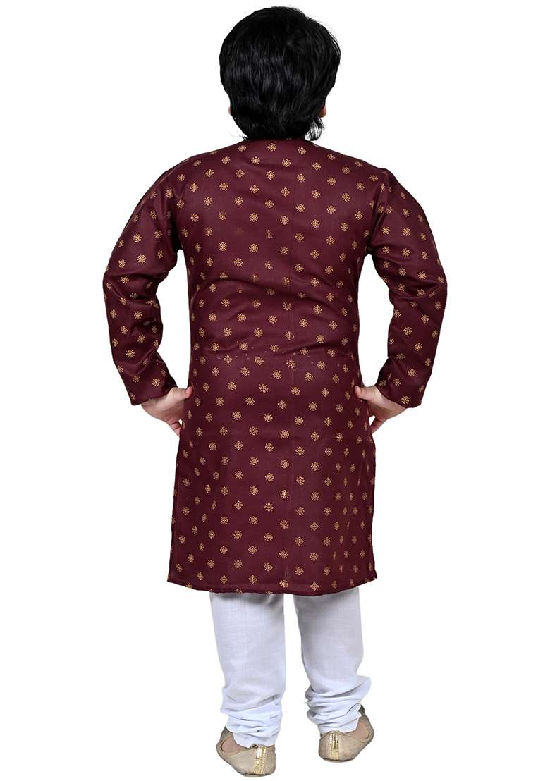Maroon Printed Cotton Kurta Set For Boys - Indya
