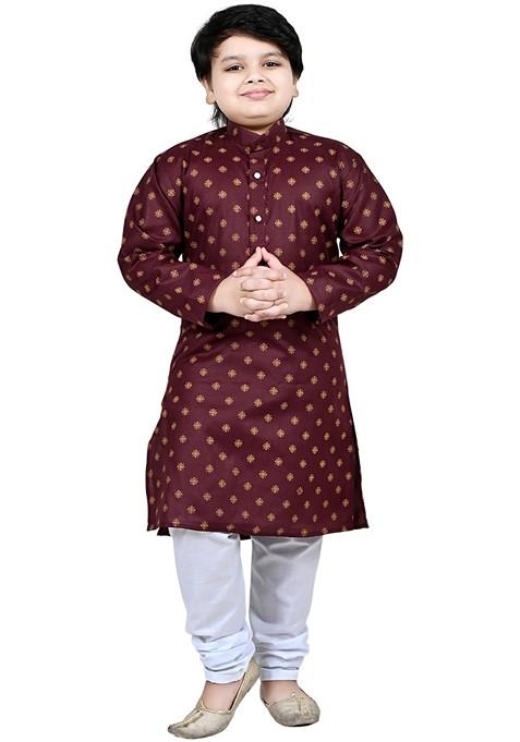 Maroon Printed Cotton Kurta Set For Boys