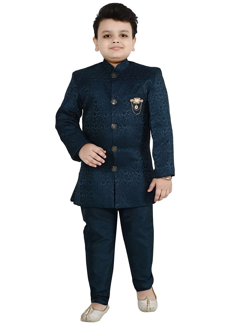 Blue Self Design Jacquard Kurta Set For Boys - Indya