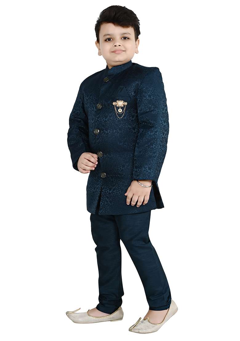 Blue Self Design Jacquard Kurta Set For Boys - Indya