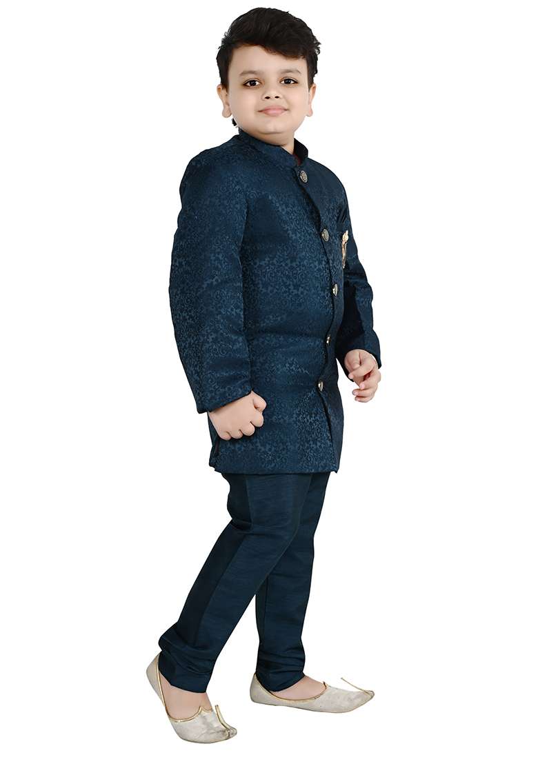 Blue Self Design Jacquard Kurta Set For Boys - Indya