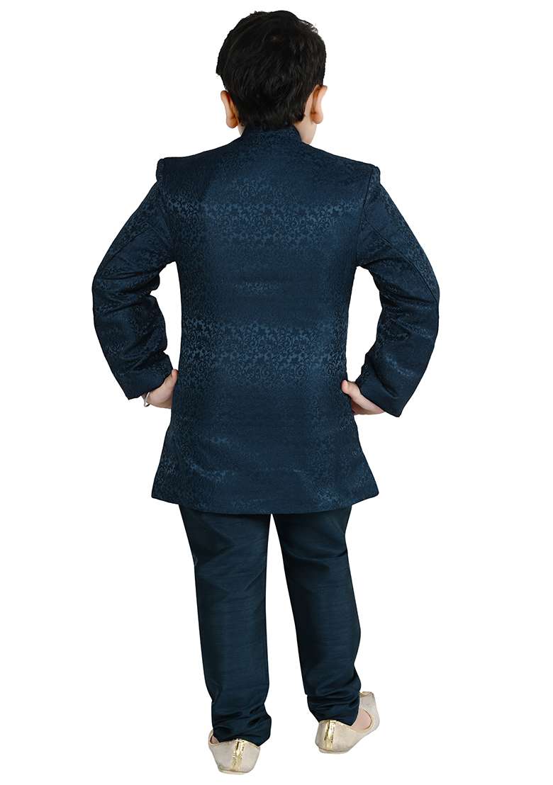 Blue Self Design Jacquard Kurta Set For Boys - Indya