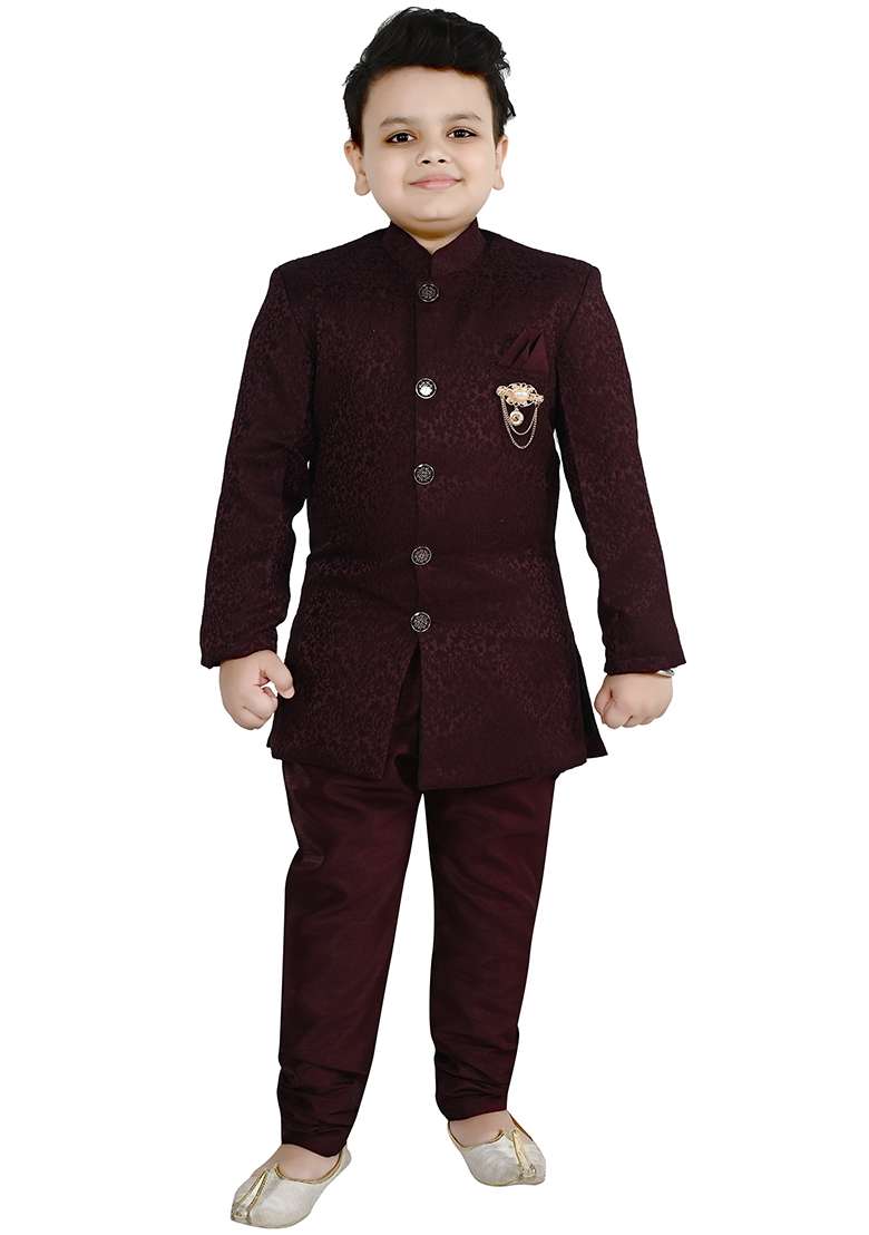 Maroon Self Design Jacquard Kurta Set For Boys - Indya