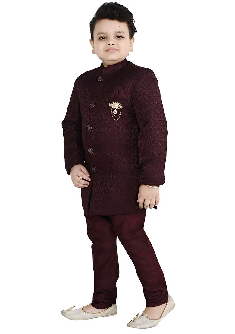 Maroon Self Design Jacquard Kurta Set For Boys - Indya